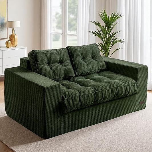 MAXYOYO Loveseat Sofa Couch, Upholstered Bean Bag Chair Cloud 2-Seat for Adults, Boneless Couch with Tufted Cushion & Pillows, Sofa in A Box, No Assembly Required, Dark Green