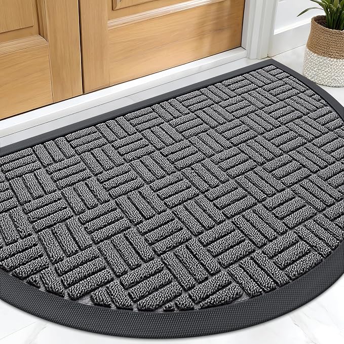 OLANLY Half Circle Door Mat Outside Entrance 29.5x17, Absorbent, Heavy Duty Sturdy Natural Rubber Doormat Indoor Outdoor, Fade Resistant, Non-Slip Backing Low Profile Floor Mat for Entryway, Grey by OLANLY