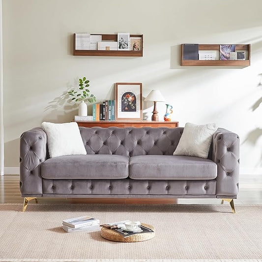 KEIKI 83" Luxury Oversized Velvet Chesterfield Sofa with 2 Pillows, Mid-Century Style 3-Seater Tufted Buttons Couch with High-Density Foam Cushions, Easy Assembly, for Apartment, Living Room, Grey