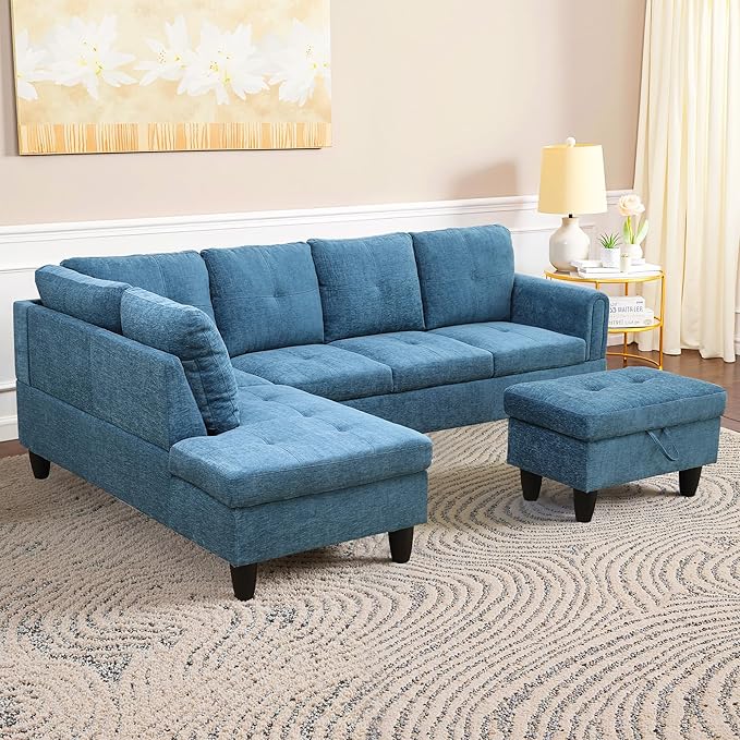 NicBex Modular L-Shaped Sectional Couches, 3-Piece Convertible Couch with Storage Ottoman, 4-Seat Comfy Sofa with Chaise for Living Room & Apartment, Blue