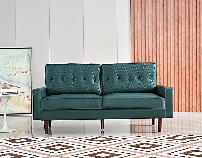 Container Furniture Modern Style Faux Leather Sofa with Elegant Round Tapered Legs and Button Tufted Backrest Perfect for Living Room, Bedroom or Home Office, 69.3’’ Wide, Blue Green