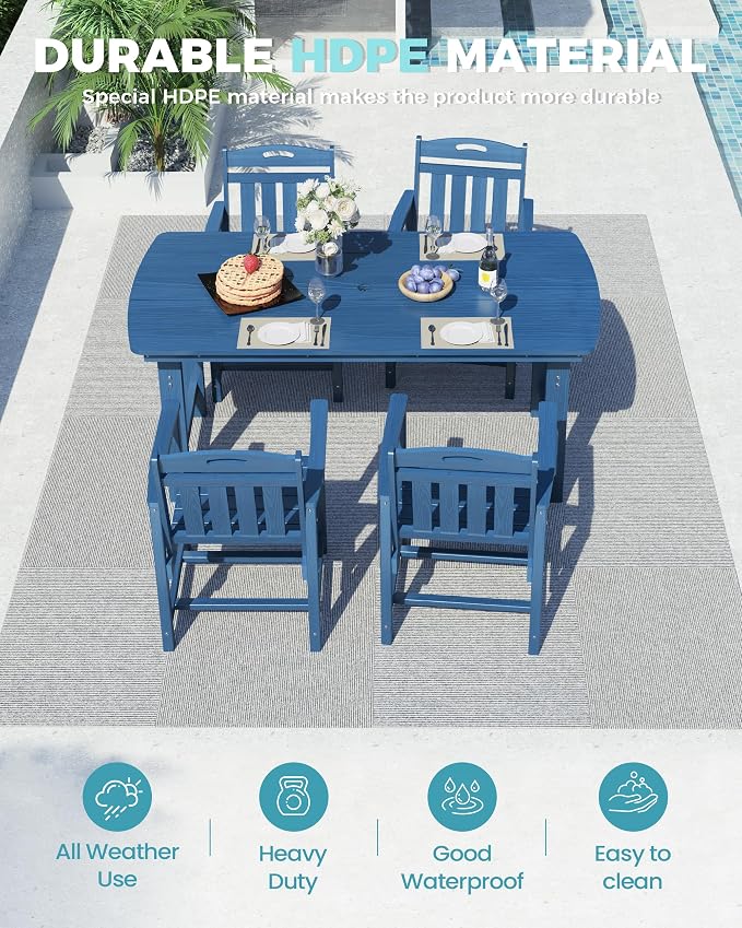 Ciokea HDPE Outdoor Dining Set, 5-Piece Patio Table and Chairs Set with Umbrella Hole, All-Weather Patio Dining Sets for 4, Durable Patio Furniture for Backyard, Garden, Lawn & Poolside, Navy Blue - Image 2