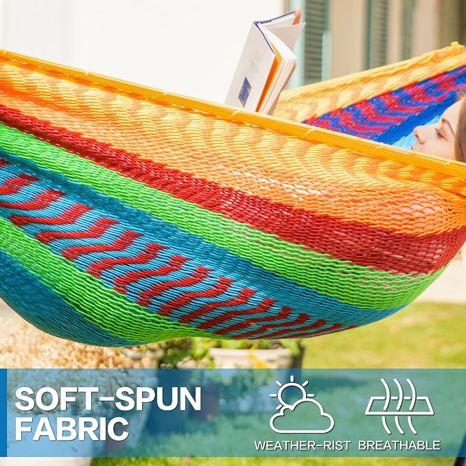 PNAEUT Double Hammocks with Stand for Outside, Portable Space Saving Heavy-Duty Steel Stand for Indoor Outdoor Patio (Mayan Rainbow) - Image 4