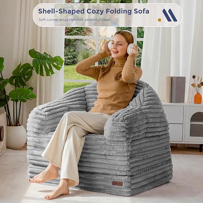 MAXYOYO Folding Sofa Bed, 2 in 1 Convertible Sofa to Lounger Comfy Faux Fur Bean Bag Chair for Adults, Floor Single Sleeper Couch Chair with Handle, Couch Bed for Living Room Bedroom, Grey