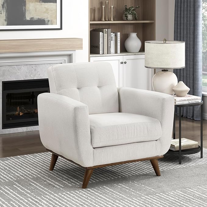 Lexicon Modern Accent Chair, Textured Fabric Upholstered Armchair with Brown Wood Legs, Track Arms, Tufted Chair Back for Living Room/Office/Waiting Room, Beige