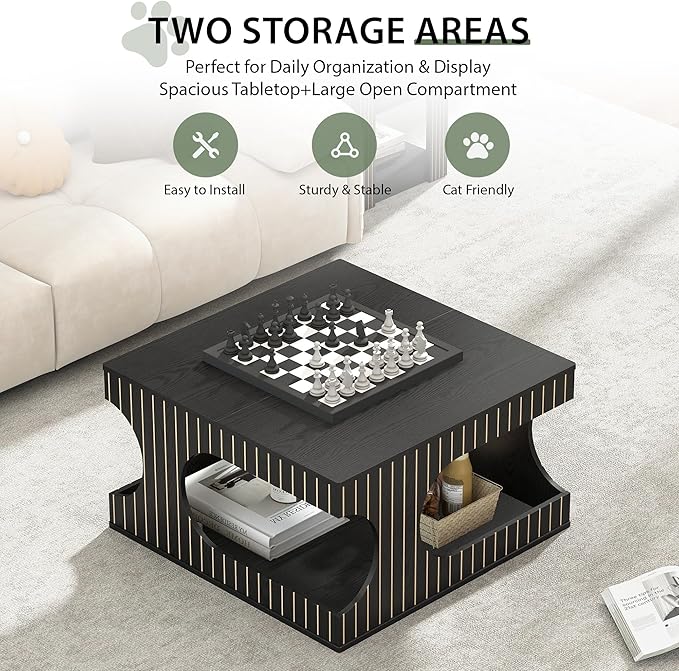 Square Coffee Table with Storage, 31.5" Hollow Cube Coffee Table, 2-Tier Mid-Century Modern Center Table with Arched Cutouts & Carved Lines for Living Room, Cat-Friendly Base (Black)