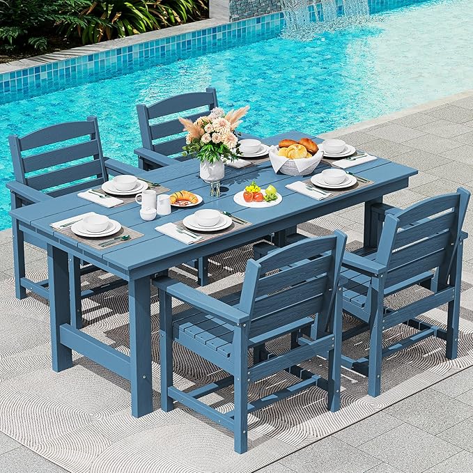 SERWALL Patio Table Set, Outdoor HDPE Dining Furniture with Umbrella Hole, All Weather for Lawn, Garden, Backyard, Poolside, Blue | with Umbrella Hole, All Weather, for Lawn, for Garden, for Backyard, for Poolside by SERWALL