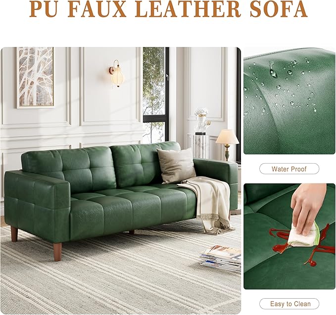 GarveeHome 3-Seater Sofa Couch, 83 in Wide Faux Leather Sofa Couch with Spring Cushion, Modern Sofa with Deep Seats and 2 Removable Back Cushions, for Living Room, Bedroom, Apartment, Office, Green