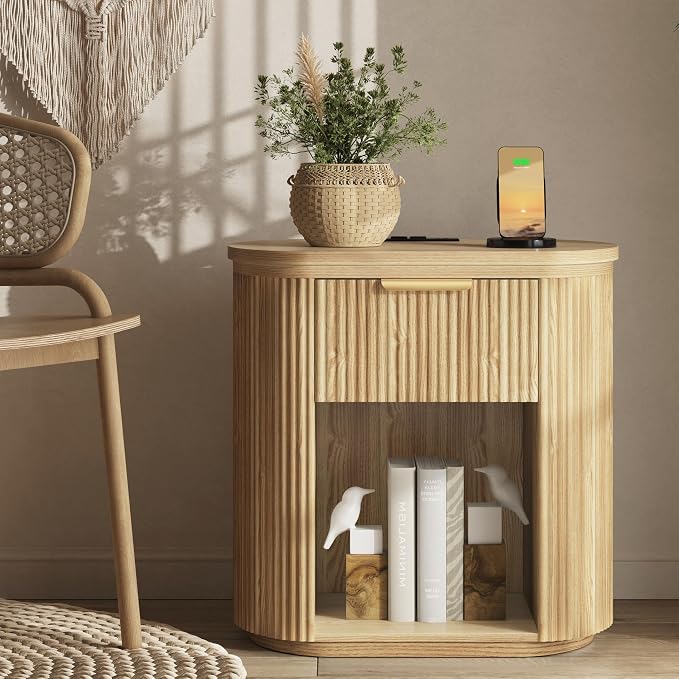 Fluted Nightstand with Charging Station, 23.6" Large Bedside Side Table with Drawer, Wood End Table with Storage, Curved Round Corner, Furniture Bedroom Sofa, Mid Century Modern, Farmhouse Boho,Oak - Image 4