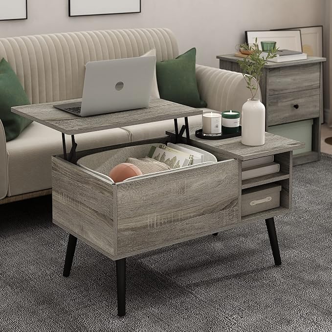 Furinno Jensen Lift Top Coffee Table with Storage Shelf, Side Shelf, Hidden Compartment, for Living Room, Grey Oak