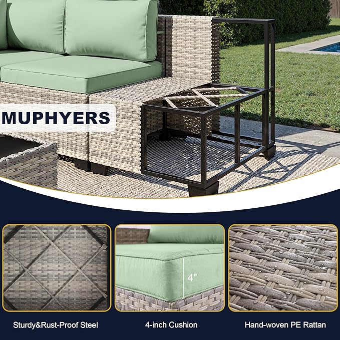15-Piece Outdoor Patio Furniture Set with Rocking Swivel Chair, Wicker Rattan Sectional Sofa Conversation Set with Tempered Glass Table with Ottomans, Backyard Furniture, Light Green