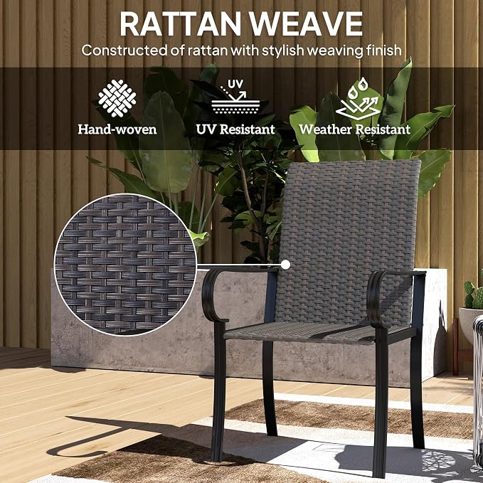Outsunny Set of 4 Outdoor Wicker Dining Chairs, All-Weather Rattan Armchairs with Armrests, Steel Frame, Highback and Deep Seating, for Garden, Patio, Deck, Yard, Poolside, Brown - Image 4