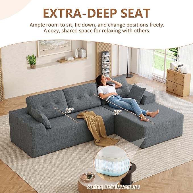 Ball & Cast 106" Modular Sectional Sofa,Cloud Chenille Couch with Deep Seat,Boneless L-Shaped Sectional,Modern Comfort Upholstered Sofa for Living Room,No Assembly Required (Gray, Right Facing Chaise)