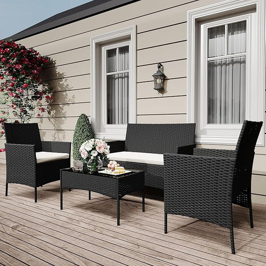 4 Piece Patio Furniture Set, Outdoor Deck Rattan Chair Wicker Combo Furniture, All Weather Dialogue Rattan Sofa with Upholstery and Glass Table for Garden, Backyard, Porch, Lawn, Pool, Black