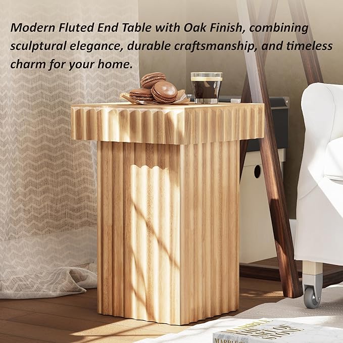 COZAYH Modern Fluted Wood End Table with Natural Oak Finish, Sculptural Accent Side Table with Textured Design, Plant Stand Small Space Furniture for Living Room, Farmhouse