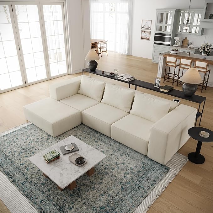Acanva Oversized Modular Sectional Sofa with Removable Washable Slipcovers, Modern Low Profile Deep Seat Couch for Living Room, Linen-Like-Cream, 3 Armless Chairs & 3 Armrests/Ottomans