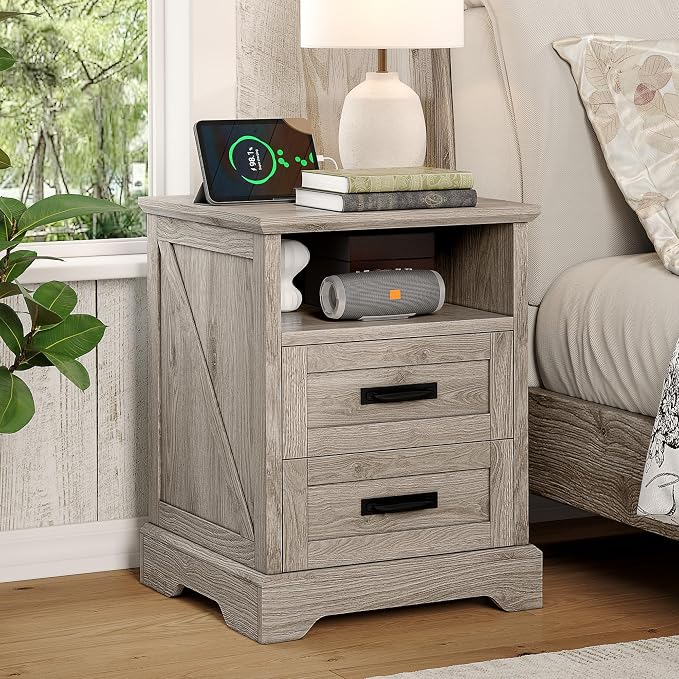 Whalefall Farmhouse Nightstand with Charging Station, 2 Drawers Bed Side Table, 18 inch Wide End Table for Bedroom, Living Room, Light Wash Gray by Whalefall