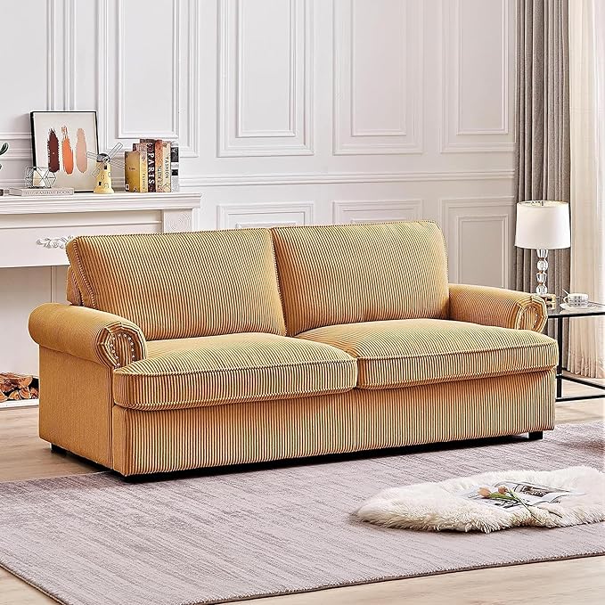 Reversible Sleeper Sofa Bed with Comfortable Memory Foam Mattress, Convertible Corduroy Full Size Pull Out Couch for Living Room, Space Saving Furniture, 76" Wide, Rounded Arms, Ginger