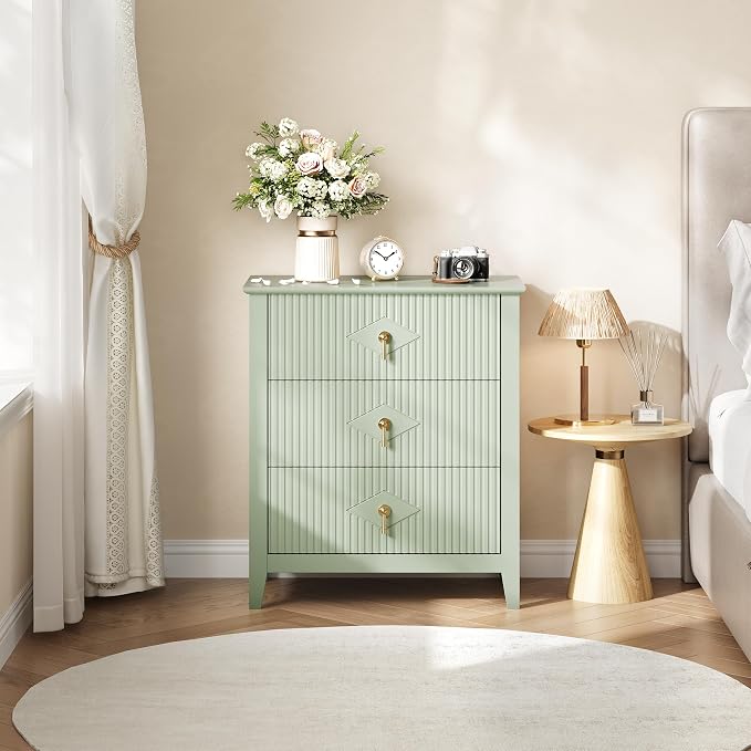GarveeHome 2Pcs Wood Nightstand Fluted Dresser for Bedroom, 27.5" Wide 3-Drawer Bedside Tables, Modern Chest of Drawers, Storage End Table Living Room, Hallway, Entryway, Green - Image 7