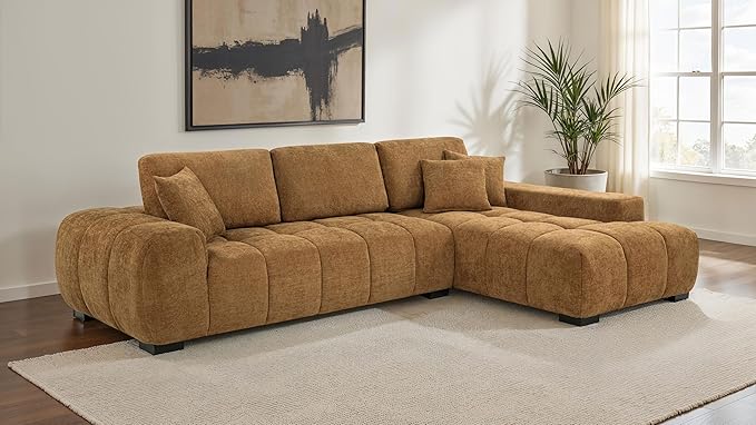 Coaster Home Furnishings - Octavia - Wood - Upholstered Sectional Sofa with Waterfall Seating, Grid Tufting, Reversible Back Cushions and Accent Pillows - Living Room - Amber - 509340