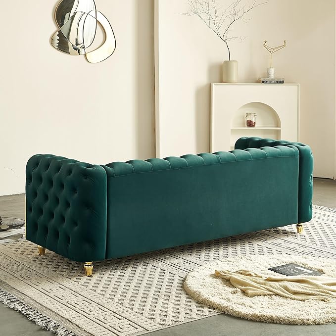 KEIKI 86" Chesterfield Velvet Button Tufted Sofa with High Density Foam Cushions and 2 Toss Pillows, Modern Style 3-Seater Couch with Gold Strip Trim Decoration, Easy Assembly, for Living Room, Green