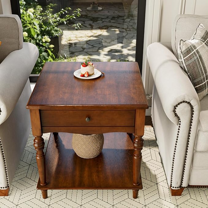 Large End Table with Drawer and Storage Shelf, Solid Wood Sofa Side Table, Slim Beside Table,Telephone for Small Spaces, Living Room, 22.8"L x 22.8"W x 24"H ,No-Tools Assembly,Caramel Brown CJZC008DR