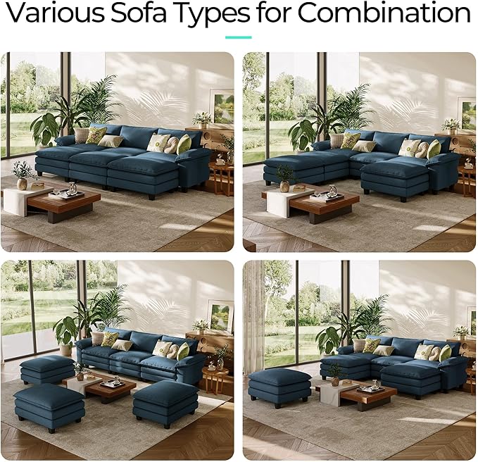 LINSY HOME Modular Sectional Sofa - 123 Inch Oversized Corduroy Cloud Couch with Movable Ottoman Soft Modern Comfy Sofa Set for Living Room Apartment Office, Blue