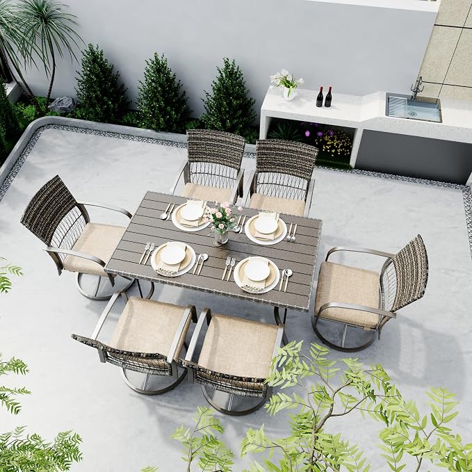 Pamapic 7-Piece Outdoor Dining Set with Swivel Rocker Chairs, Wicker Patio Furniture for 6, Poolside Garden Deck with Iron Table & Removable Cushions(Beige) - Image 2