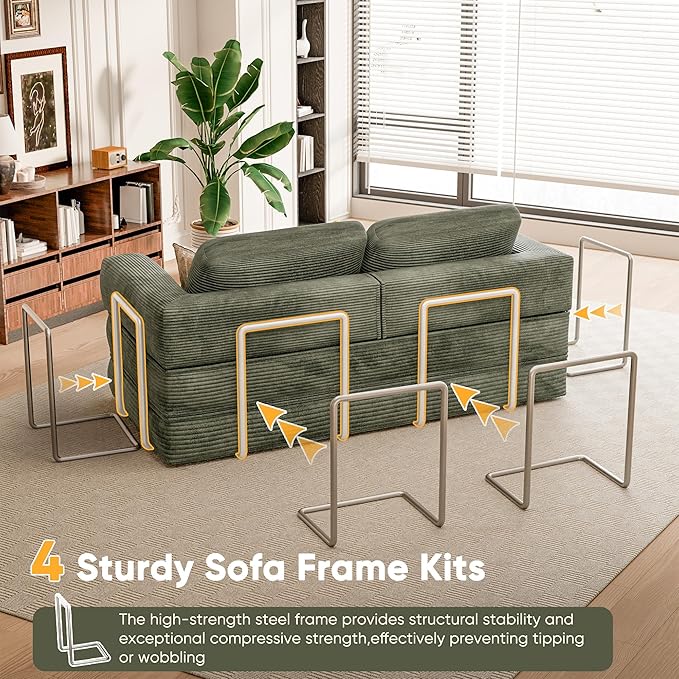 Homall 4-in-1 Convertible Sofa Bed, Oversized Boneless Couch with 4 Frame Kits and Removable Armrests, Corduroy Sleeper Sofa with 2 Pillows for Small Space, No Assembly Required (Green)