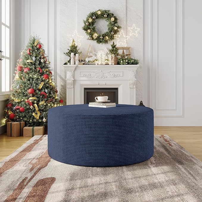 Coffee Table Round Ottoman with High-Resilience Foam Support, Oversized Modular Sectional Sofa Stool for Living Room, Bedroom & Small Spaces, No Assembly Footrest No Assembly (Blue, 32")