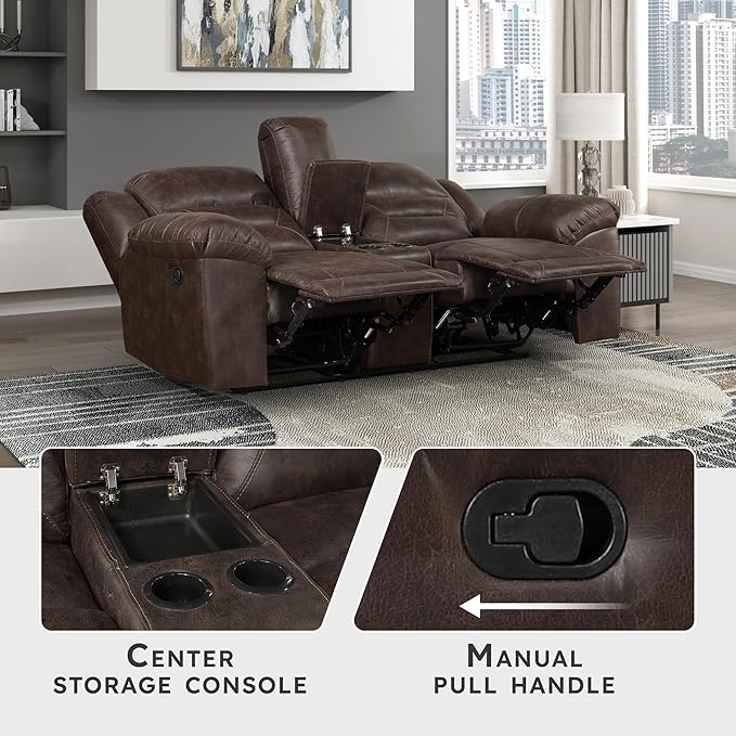 Lexicon Double Recliner Loveseat with Center Console, Wall Hugger Manual Reclining Couch, Textured Microfiber Upholstered Dual Reclining Love Seat, Home Theater Seating, Required Assembly, Dark Brown