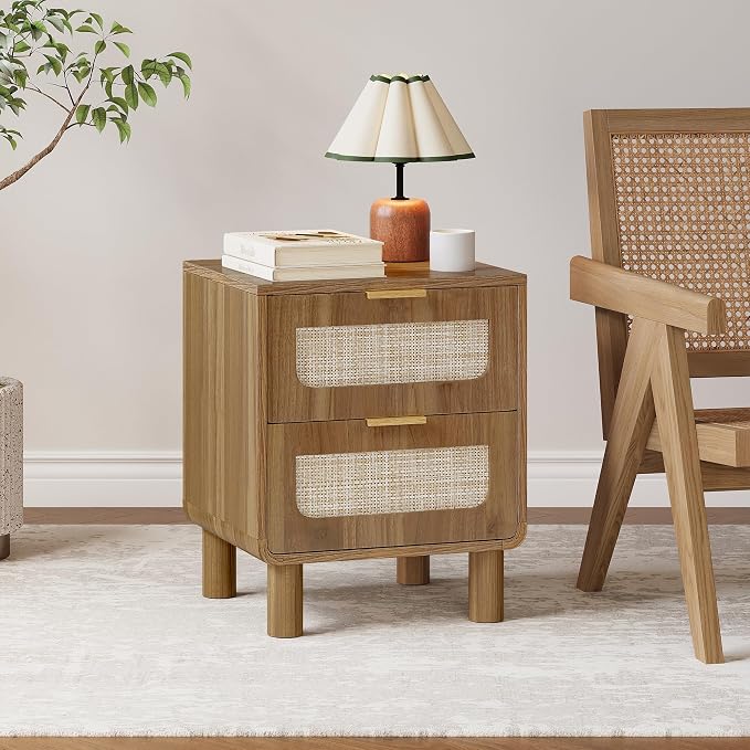 LAZZO Set of 2 Nightstands Wooden Night Stands with Rattan Drawers Home Bedside End Table for Bedroom - Image 6