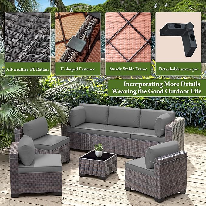 9 Pieces Outdoor Patio Furniture Set,Outdoor Sectional Furniture All Weather PE Rattan Wicker Patio Conversation Set with Coffee Table and 8 Thickened Cushions,Grey