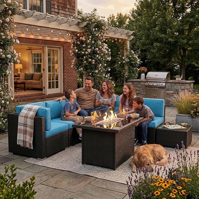 8 Pieces Patio Furniture Set with 44" Propane Gas Fire Pit Table, Outdoor Sectional Wicker Conversation Sofa Sets with Coffee Table