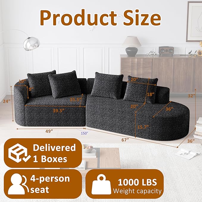 112" Modern Cloud Sectional Sofa, Chenille 4-Seater Curved Couch with 4 Pillows, Extra Deep & Wide Seat, No-Assembly Compressed Upholstered Living Room Sofa for Bedroom,Apartment,Black Left