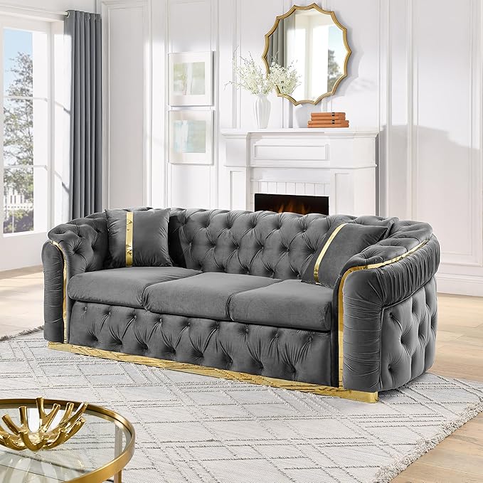 KEIKI 2-Piece Luxury Chesterfield Sofa Set with 2 Oversized Velvet 3-Seater Sofa, Upholstered Modern 6-Seater Button Tufted Couch Set with 4 Pillow, Gold Stainless Decoration, for Living Room, Gray