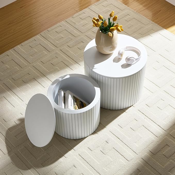Small Nesting Round Coffee Table Set of 2, Modern Wooden Circle Accent End Side Table for Living Room, Bedroom, No Assembly Required, White