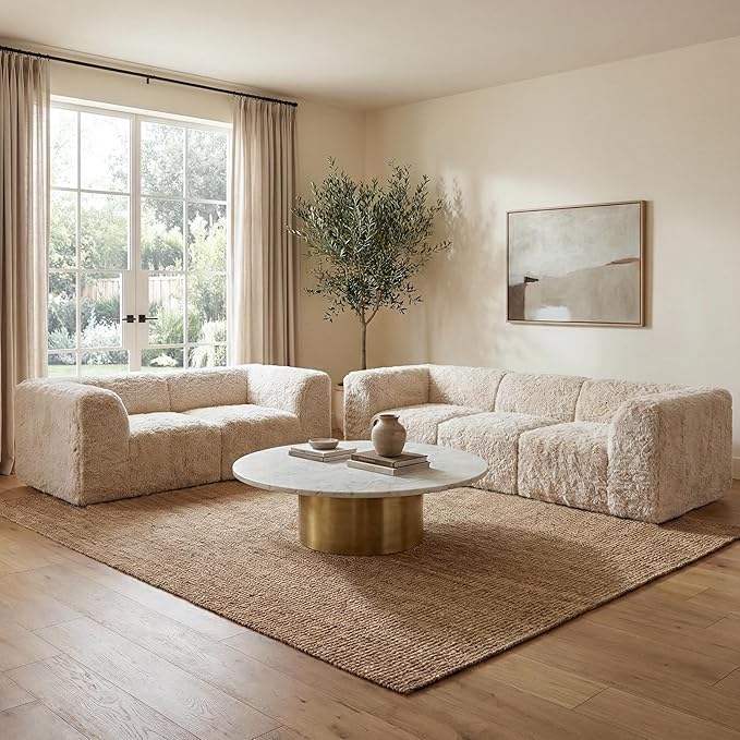 Furniture of America Havyn Modern Faux Fur 5-Seater Modular Sofa and Foam Loveseat Set with Arms & Deep Seat, Compressed Couch in a Box, No Assembly Required, for Living Room and Office, Sand