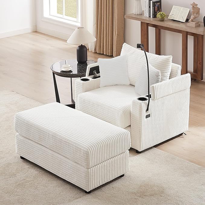 Merax Modern Upholstered Indoor Chaise Lounge with A Phone Holder, Charge Station & Cup Holders, Single Sofa Couch with Armrest and A Movable Ottoman, Beige