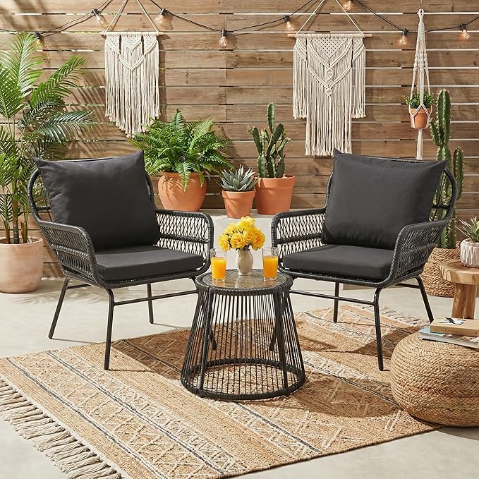 Bezseller 3-Piece Outdoor Patio Set - 20" Wide Seating w/ 2" Thick Cushions, 14.2" Seat Height - Modern Boho Furniture for Gardens, Balcony & Apartments
