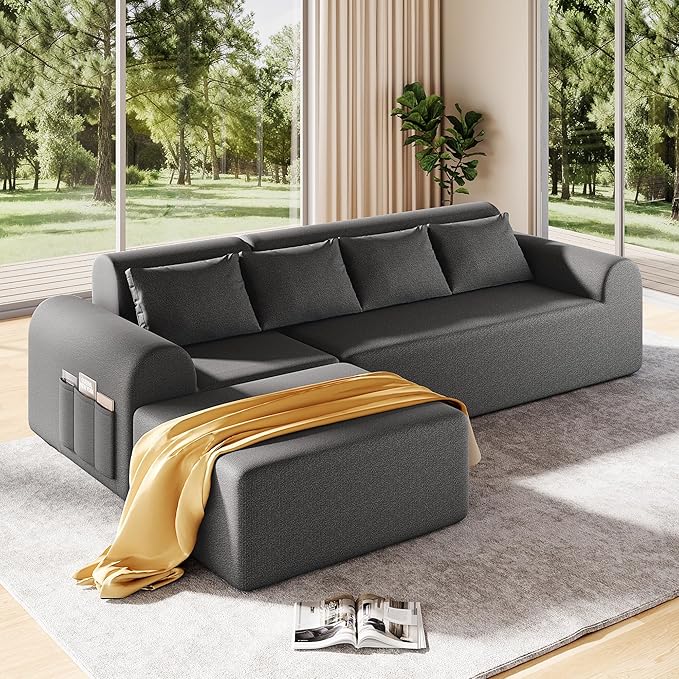 105.5” Cloud Modular Sectional Sofa, No Assembly Deep Seat L-Shaped Chenille Couch with Ottoman & 4 Pillows, 4-Seater for Living Room, Grey