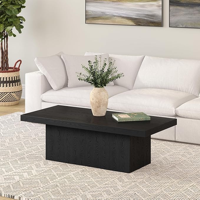 Henn&Hart 48" Fluted Low-Profile Rectangular Coffee Table with Ribbed Base for Living Room, Family Room, or Office, Natural Black