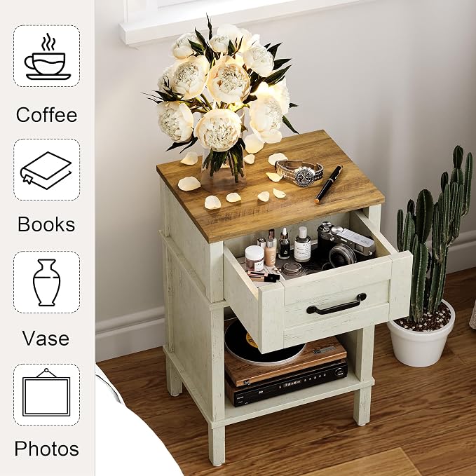 White Farmhouse Nightstand with Drawer, Small Wooden Bedside Table, White End Table, Bedroom Side Table with Storage, Rustic Wood Night Stand LET512WR - Image 5