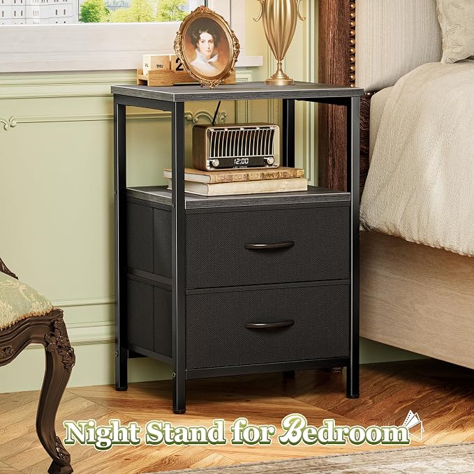 Huuger Night Stand with 2 Drawers, Bed Side Table with Open Shelf, Wooden Top, Nightstand for Bedroom, End Table for Small Space, Fabric Drawer, Grey - Image 4