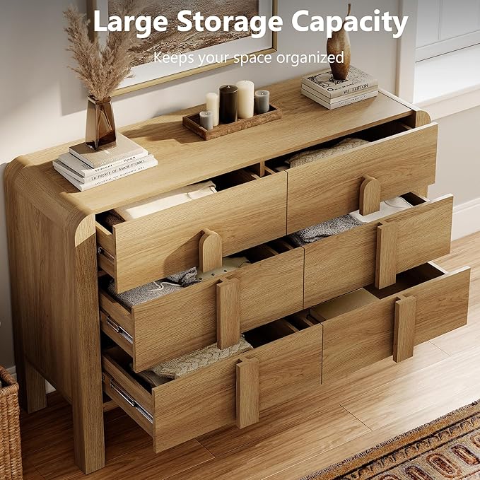 WAMPAT Dresser and Nightstand Sets, 47.2" W Mid Century Modern Chest of Drawers, Wood 6 Drawer Dresser & Nightstand with Charging Station, Curved Profile Design (Light Walnut, 2PCS)