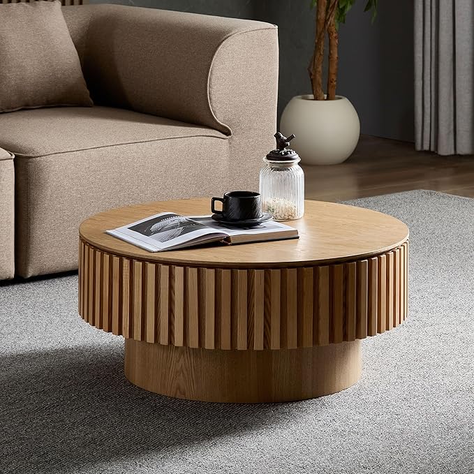 WILLIAMSPACE 31.49" Round Coffee Table with Storage for Living Room, Modern Circle Center Table with Solid Wood Veneered & Sturdy Pedestal, Accent End Tea Table for Apartment - Oak