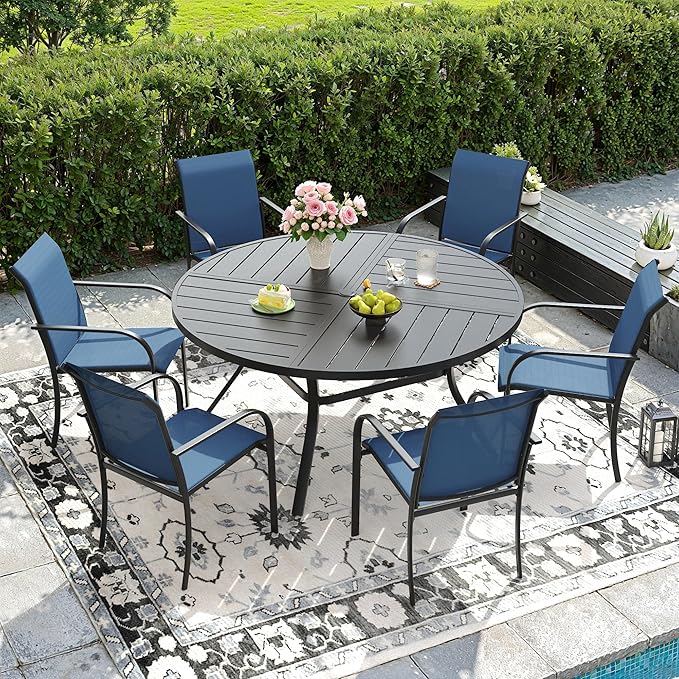 DIFY 7 Pieces Outdoor Patio Dining Set for 6, 50" Black Round Metal Dining Table and 6 Blue Stackable Sling Dining Chairs, Outdoor Table and Chairs for Lawn Garden Backyard Deck by DIFY