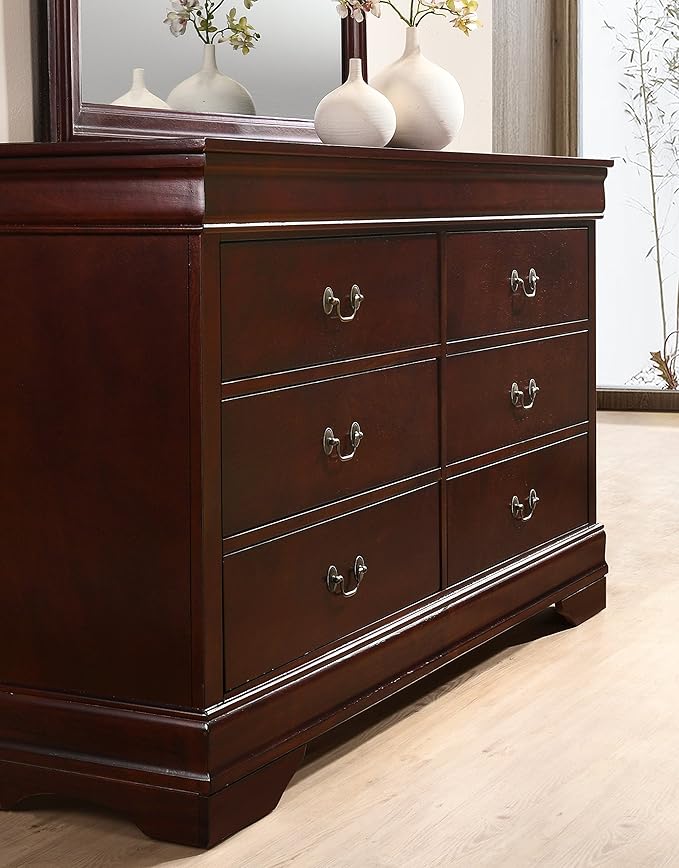 Roundhill Furniture Isola Louis Philippe Style Sleigh Bedroom Set, King Bed, Dresser, Mirror and Night Stand, Cherry Finish