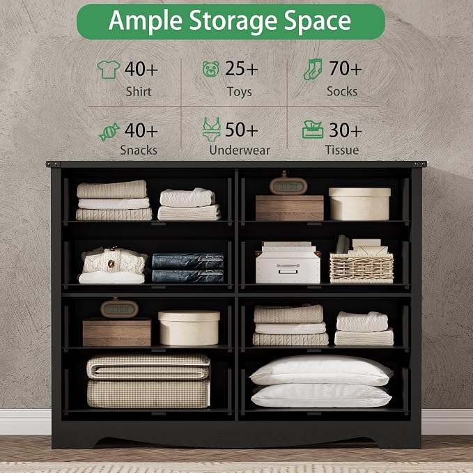 Dresser for Bedroom with 8 Drawers, 48" Wide Wood Chest of Drawers with Deep Drawers & Mental Handle, Modern Dresser TV Stand, Wooden Closet Storage Organizer for Living Room, Hallway, Entryway, Black - Image 4