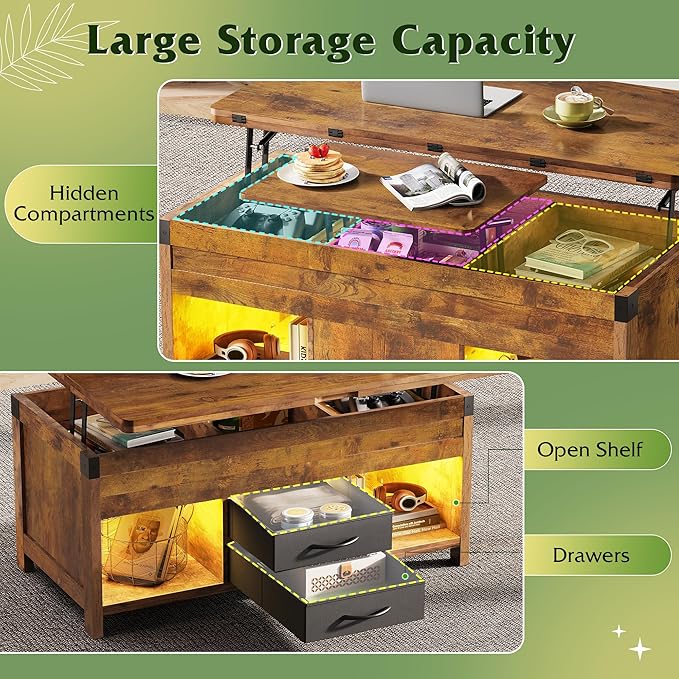 WLIVE 40" Lift Top Coffee Table, 4 in 1 Coffee Tables with Storage, 2 Fabric Drawers, LED Light and USB, Modern Coffee Table with Hidden Compartment for Living Room, Dining Room, Rustic Brown